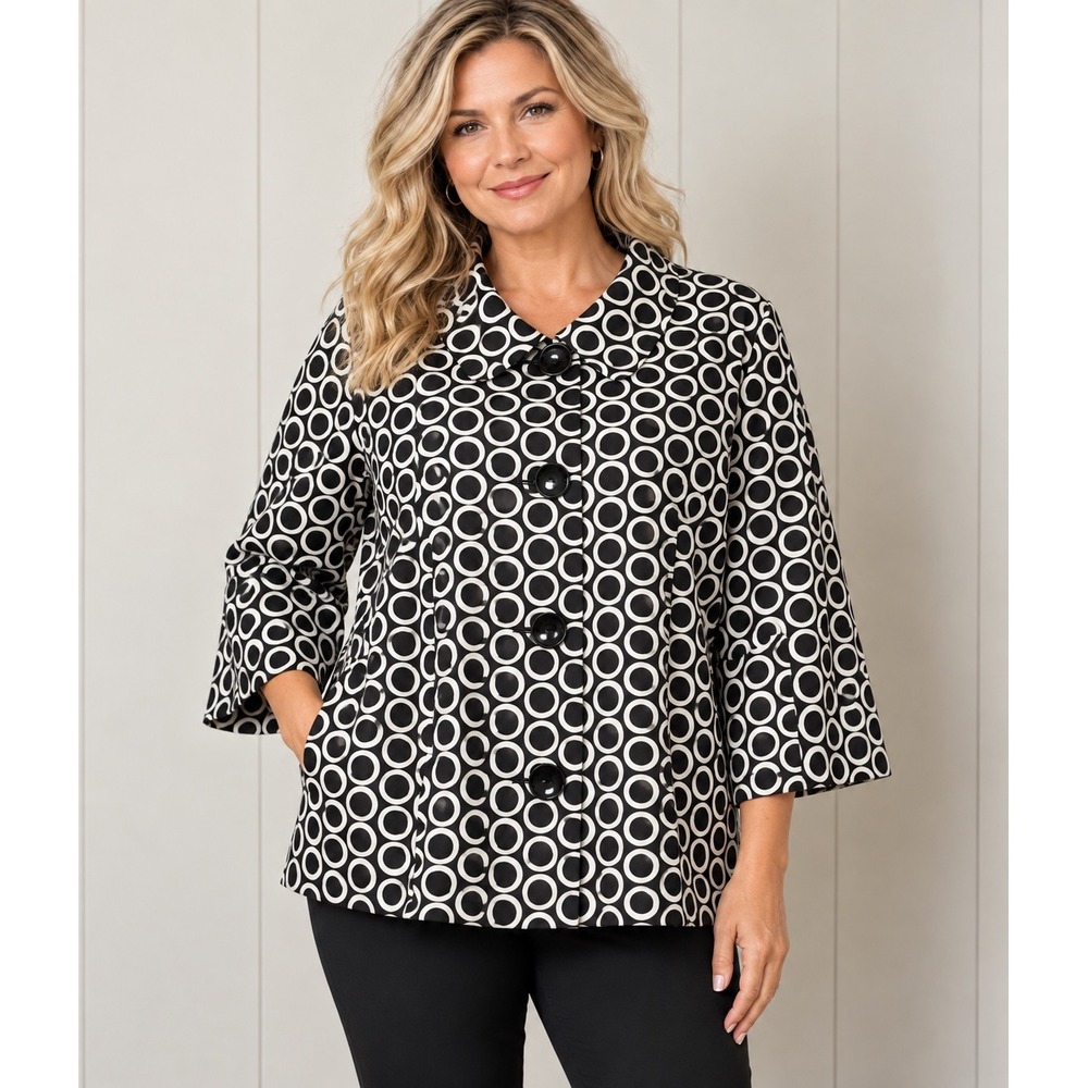 Victor Costa Occasion Black White Circle Print Jacket Retro Mod Button Up Size L